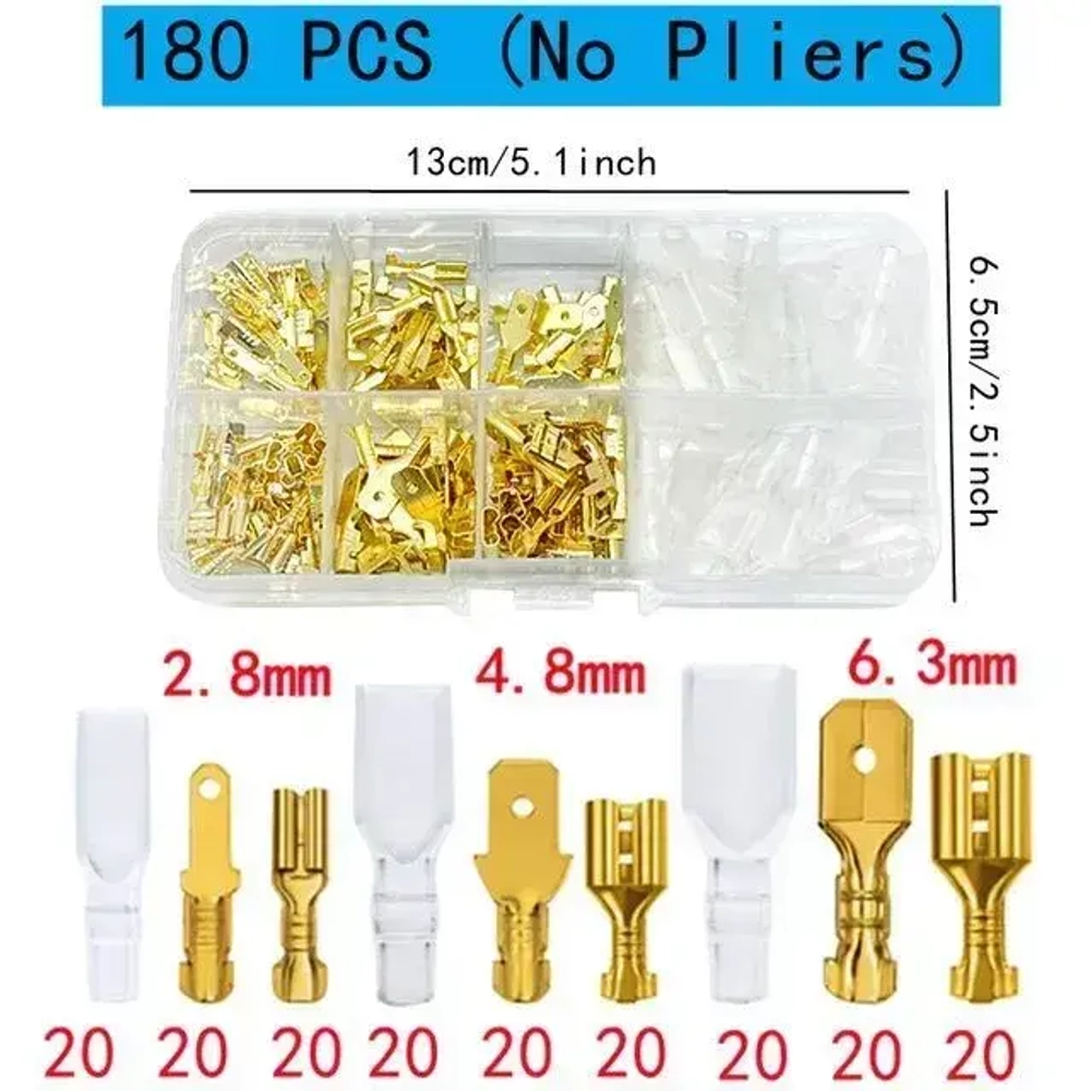 180 штук Обжимная Клемма в коробке,клемы-электро обжимные 2.8 4.8 6.3 mm,золотой