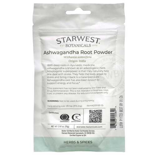 Starwest Botanicals, Органический порошок из корня ашваганды, 70 г (2,47 унции)
