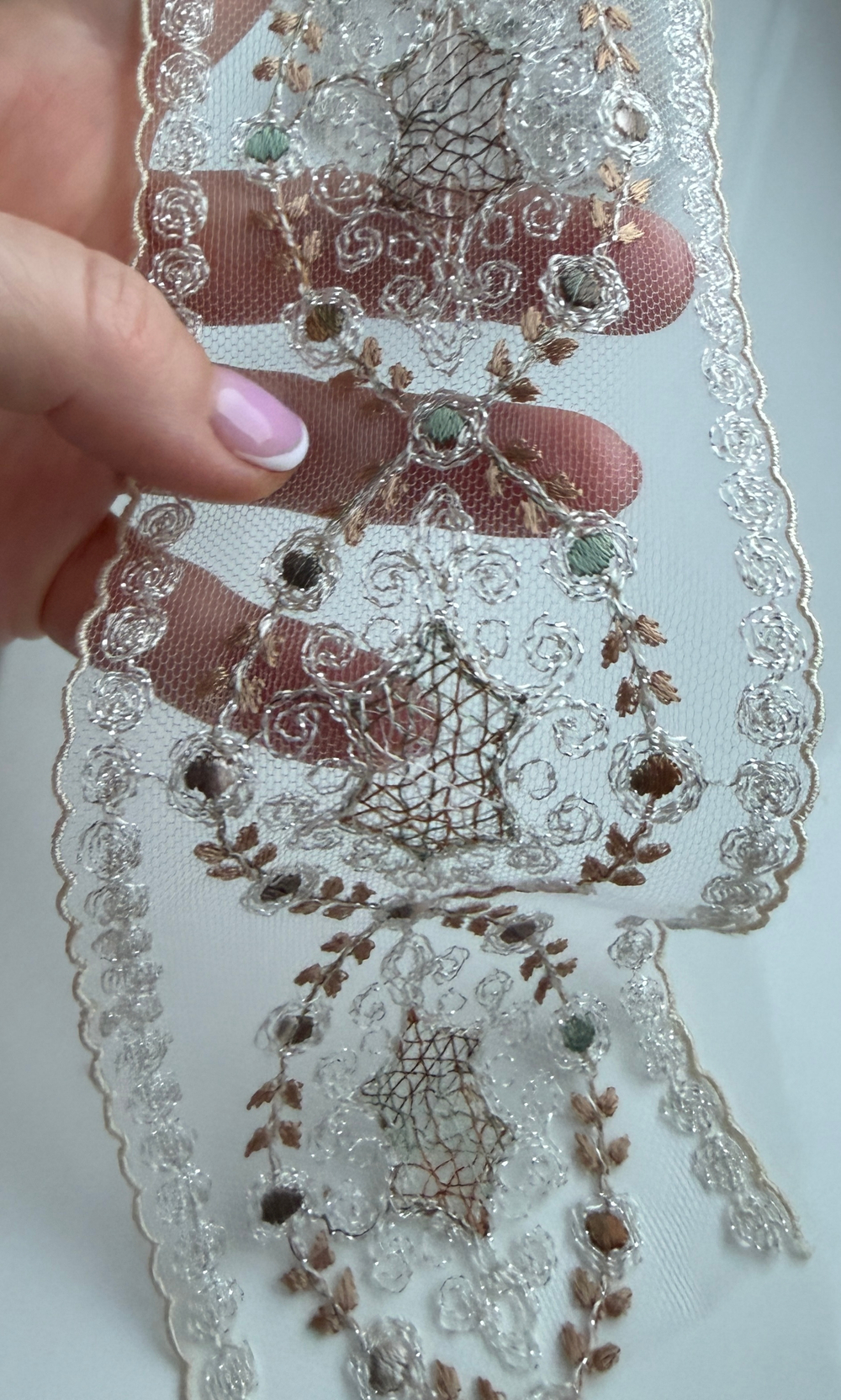 Кружево тонкое на сетке цветное ш-8см Франция. (хлопок/шелк). 1 м