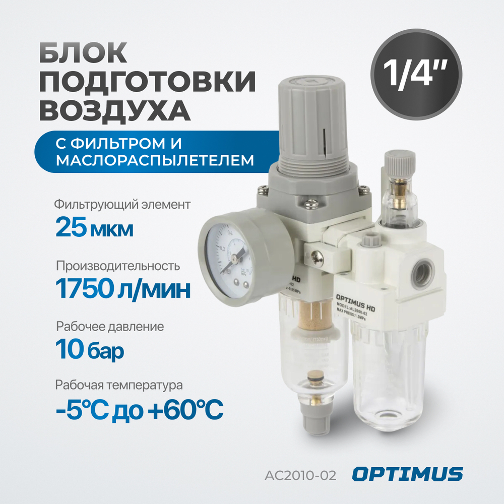 AC2010-02 Блок подготовки воздуха 1/4" с фильтром, манометром, маслораспылителем и регулятором давления