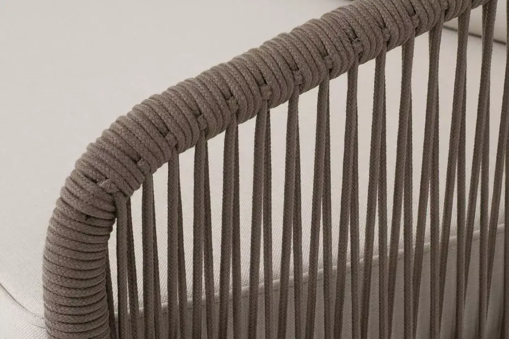 "Канны" диван модульный плетеный из роупа, каркас алюминий коричневый (RAL8016) муар, роуп коричневый круглый, ткань бежевая 035