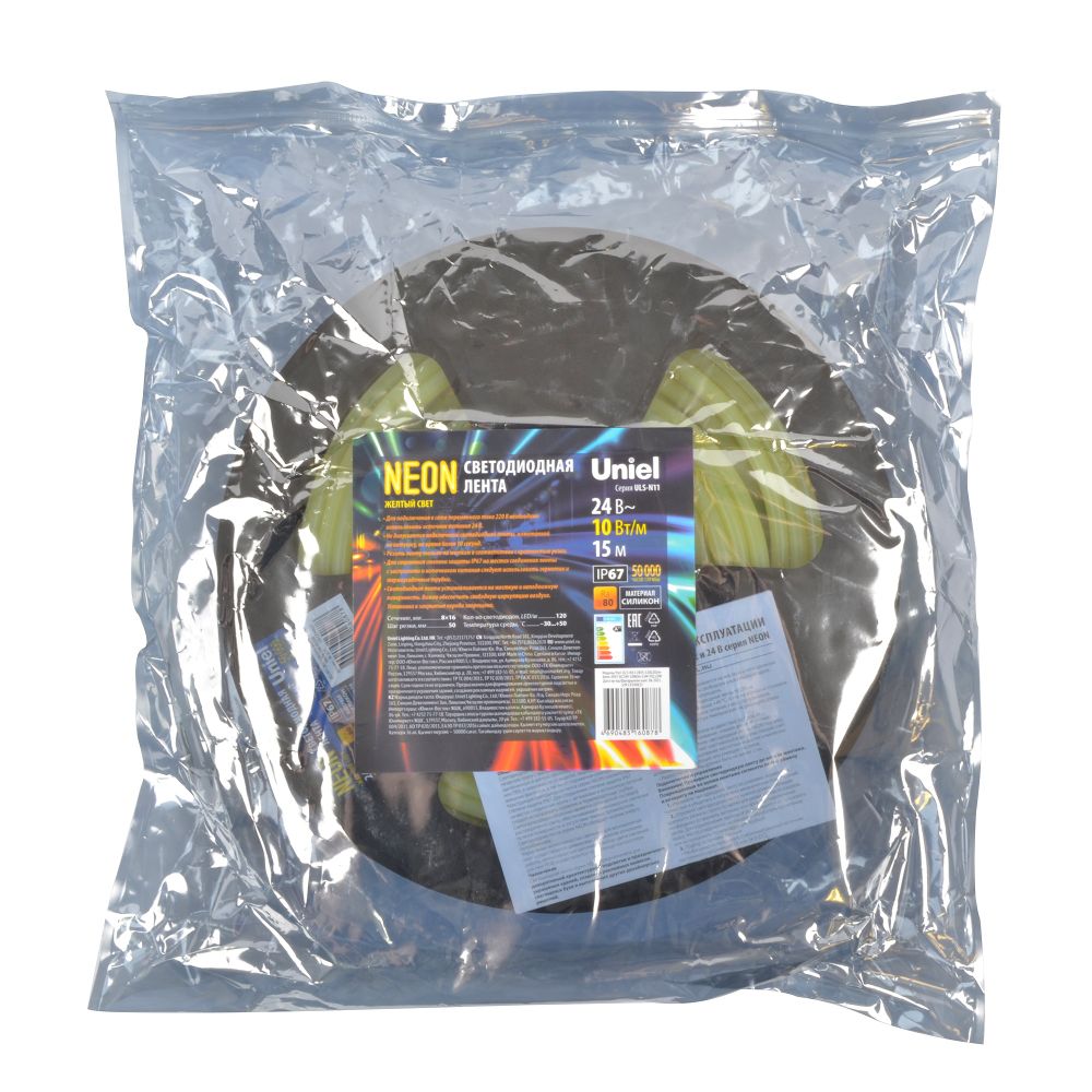 ULS-N11-2835-120LED-m-8mm-IP67-DC24V-10W-m-15M-YELLOW Светодиодная гибкая герметичная лента. NEON. Катушка 15м. в герметичной упаковке. Желтый свет. ТМ Uniel
