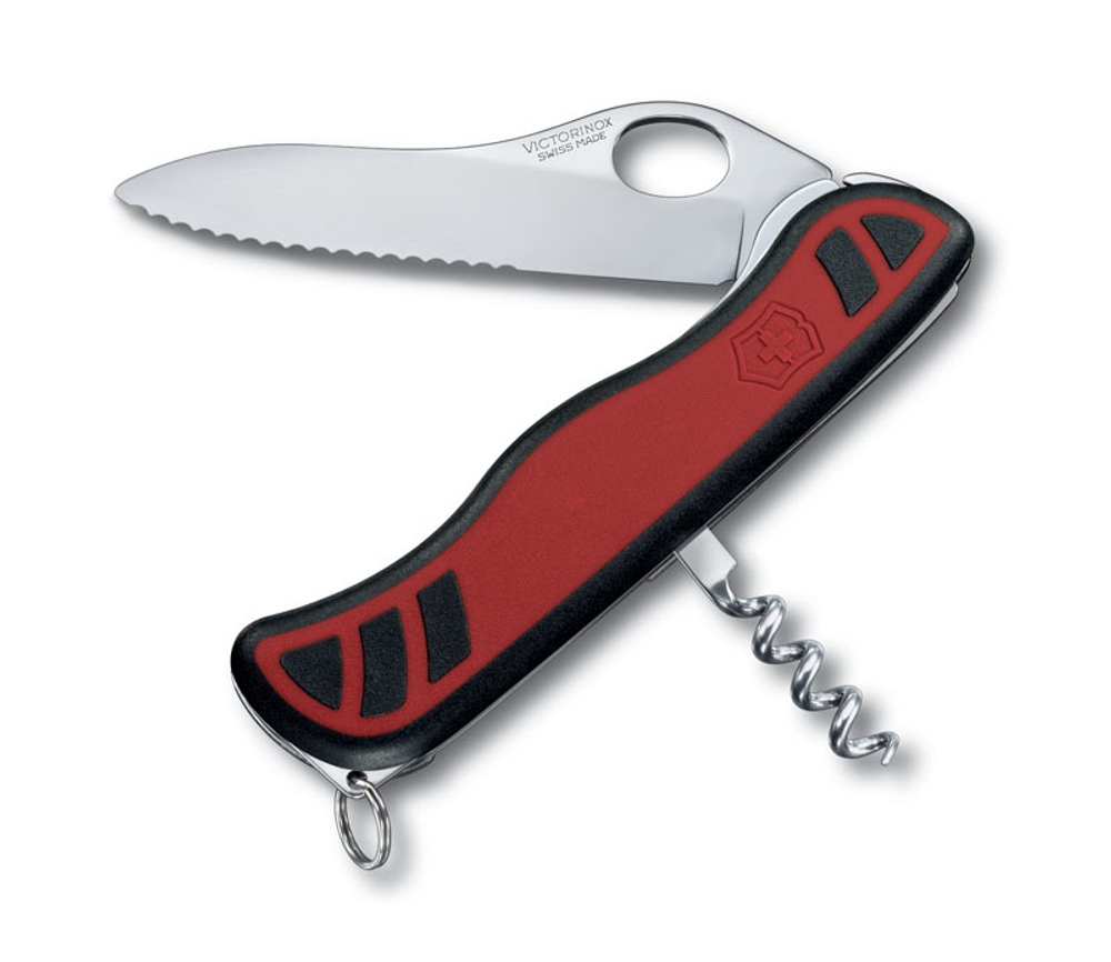 Качественный маленький брендовый фирменный швейцарский складной перочинный нож 111 мм с фиксатором, красный с чёрным 3 функций Victorinox Sentinel One Hand VC-0.8321.MWC