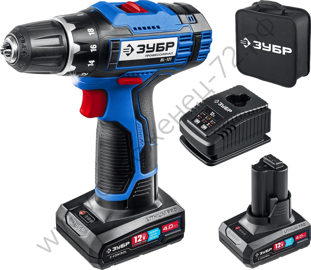 ЗУБР Т7, 12 В, 40 Н·м, 2 АКБ (4 А·ч), дрель-шуруповерт, сумка, Профессионал (DL-121-42)