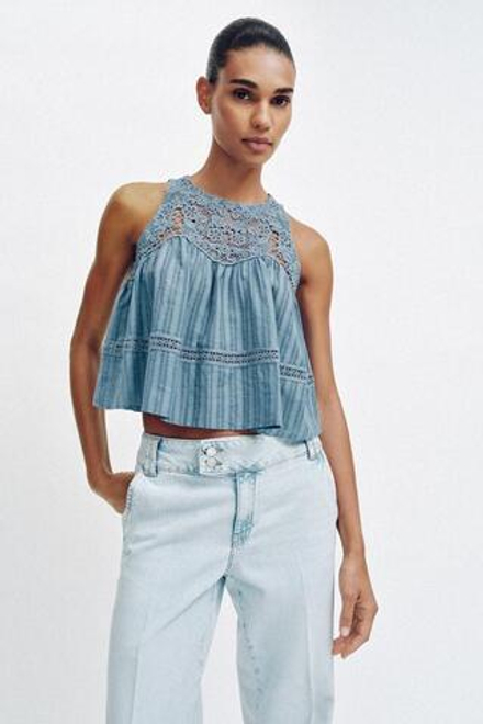 ZARA КОМБИНИРОВАННЫЙ ТОП С ОТКРЫТОЙ СПИНОЙ, СИНИЙ/БЕЛЫЙ
