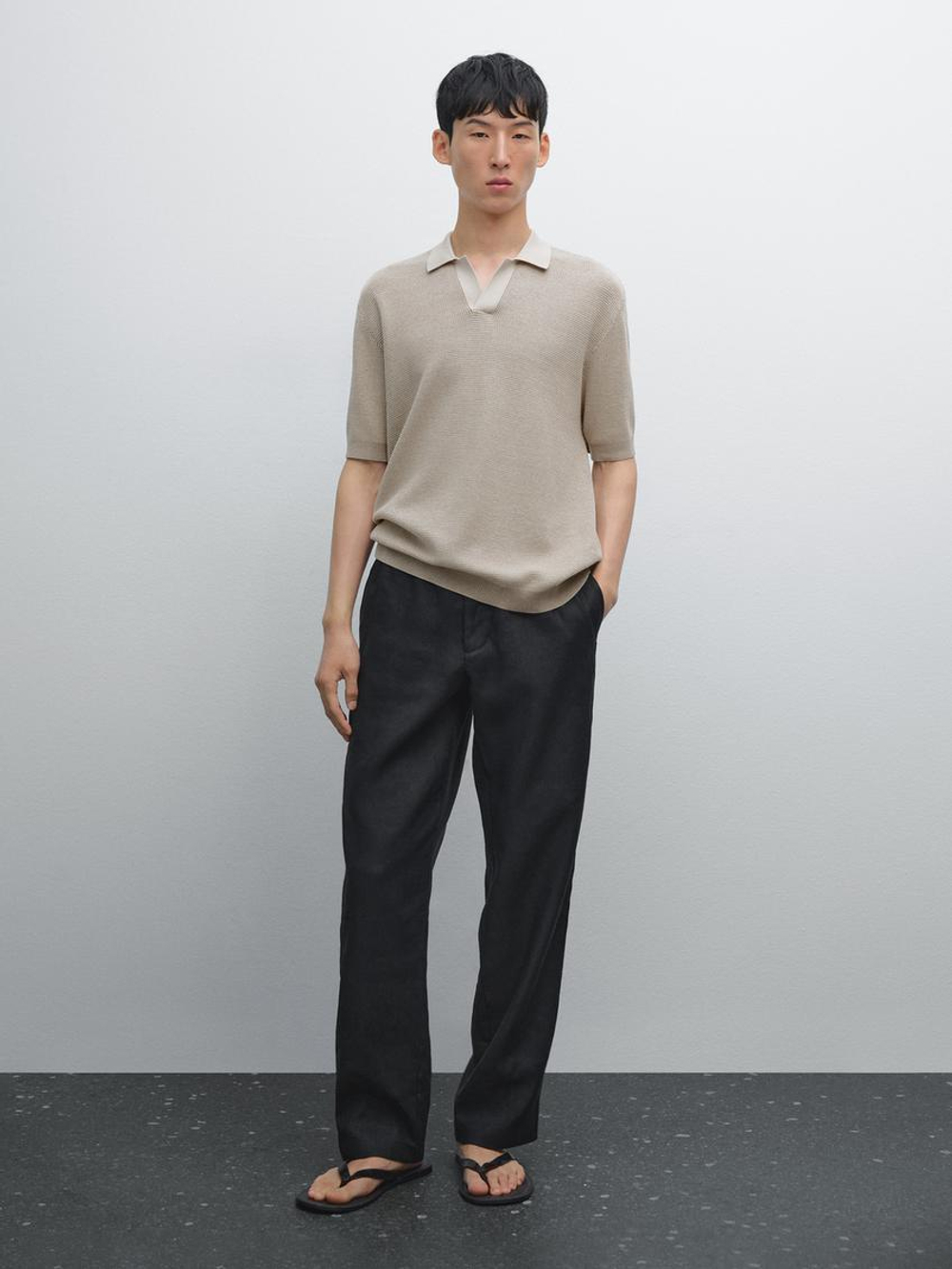 Massimo Dutti Трикотажное поло с V-образным вырезом и рельефным узором, цвет льда