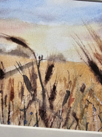 Картина авторская акварельная в паспарту 21х30 см на стену для интерьера "Рожь на рассвете"