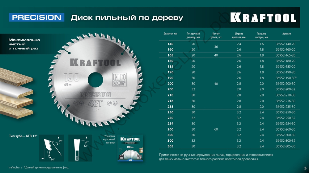 KRAFTOOL PRECISION 210х30мм 48Т, диск пильный по дереву