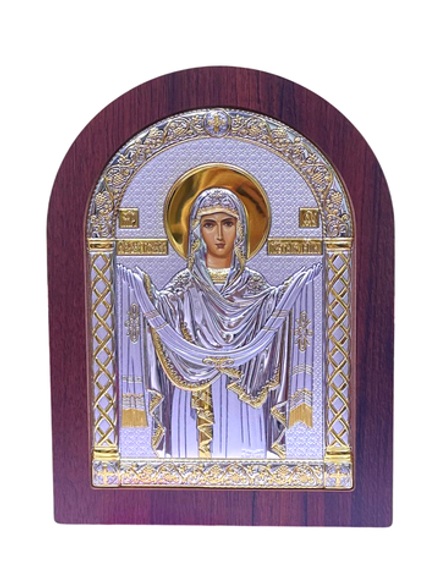 Икона Покрова БМ: арочная 15х20 серебрение, A-4, красное дерево (Греция)