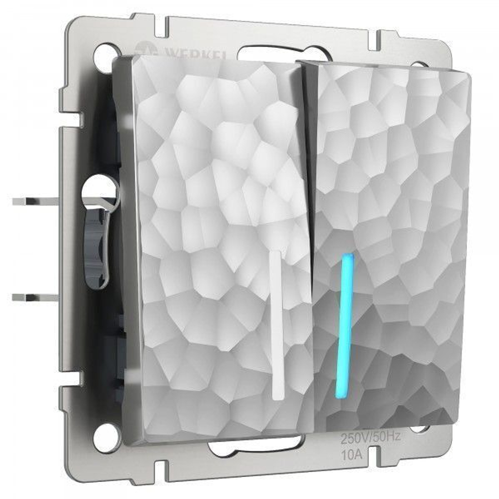 Выключатель двухклавишный с подсветкой серебряный