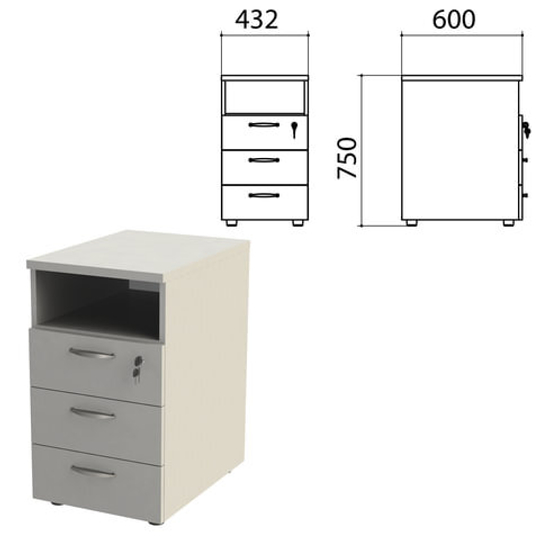 Тумба приставная "Этюд", 432х600х750, 3 ящика, замок, полка, серый, 400065-03