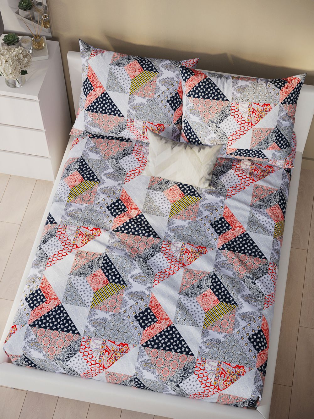 Постельное белье перкаль Сказка "Пэчворк" 2-спальное Наволочка 50х70 см 2 шт Простынь на резинке 160x200 см Пододеяльник 175x215 см