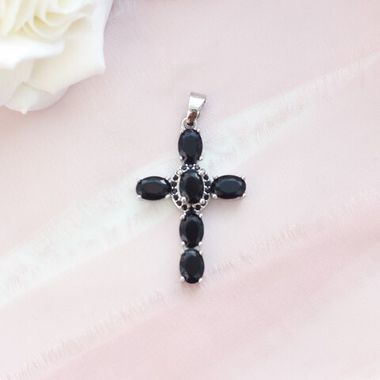 УЦЕНКА!!! Подвеска Крестик с чёрными фианитами 34*23 мм, родий, У091