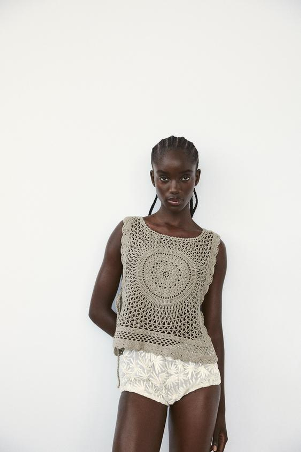 ZARA ТРИКОТАЖНЫЙ ТОП ИЗ КРУЖЕВА КРОШЕ С ЗАВЯЗКАМИ, ЛИНЯЛЫЙ ЗЕЛЕНЫЙ