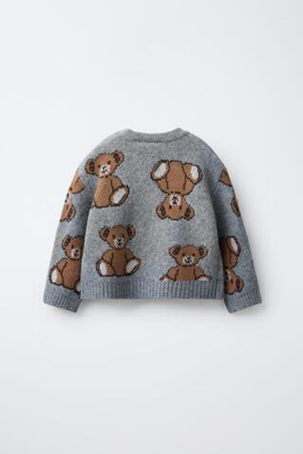ZARA ВЯЗАНЫЙ ДЖЕМПЕР С ПРИНТОМ «МЕДВЕДИ», СЕРЫЙ МЕЛАНЖ