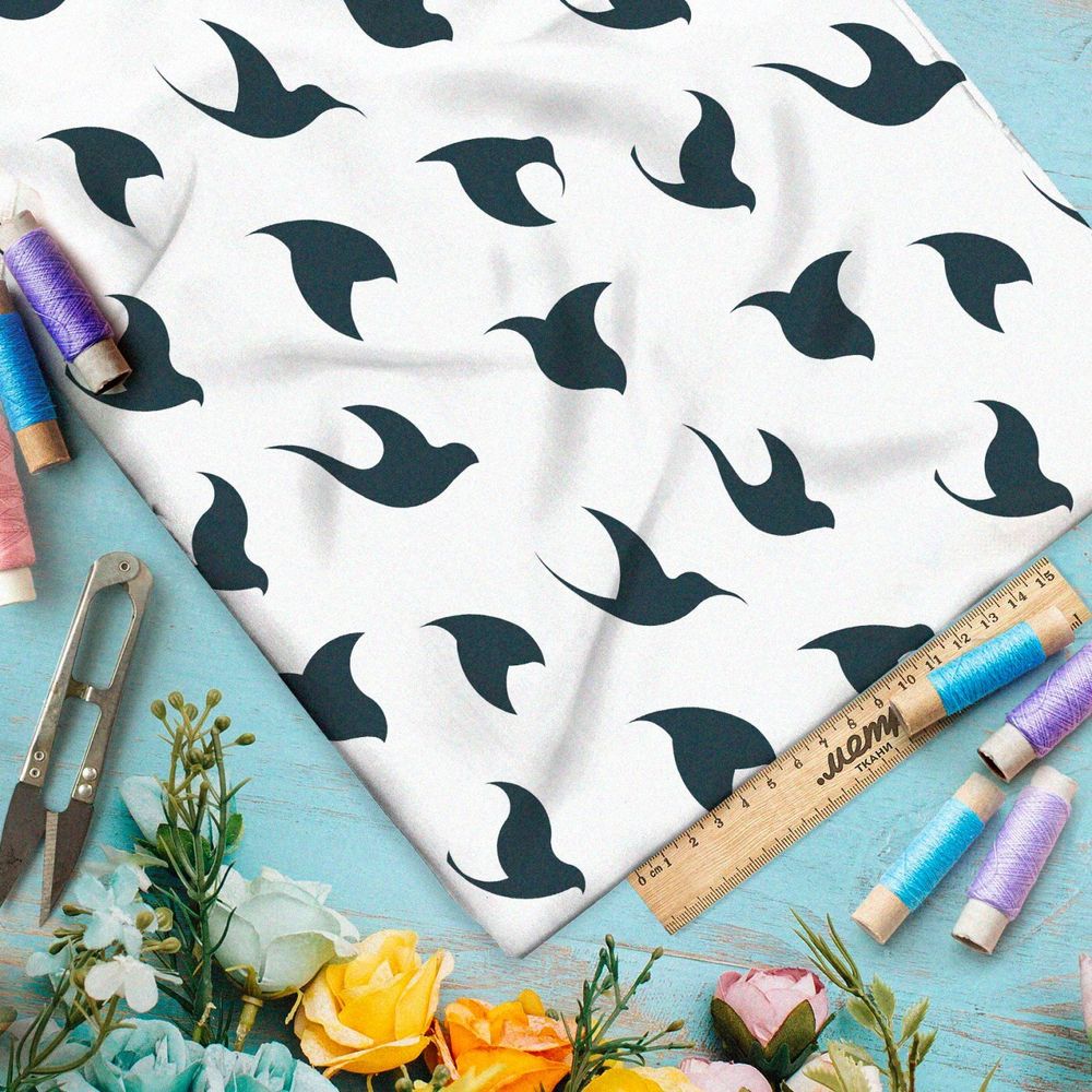 Ткань премиум дюспо темные эскизы птиц на белом