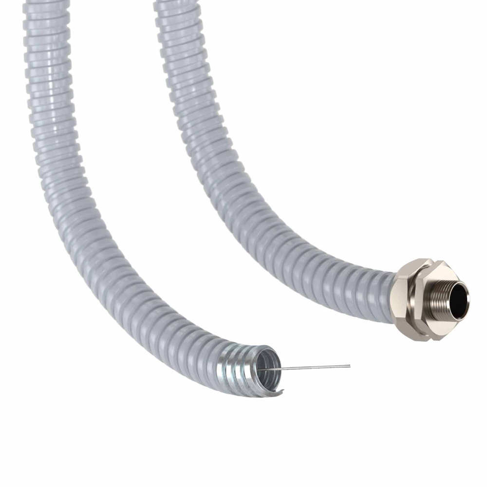 Металлорукав DN 15мм в герметичной ПВХ изоляции, Dвн 15,5 мм, Dнар 19,5, с протяжкой, 50 м, цвет серый