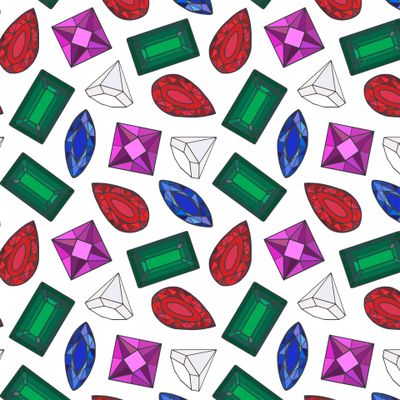 Seamless pattern of gemstones ruby, sapphire, amethyst, emerald, diamond.