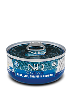 FARMINA N&D Консервы для кошек OCEAN Тунец, Треска, Креветки и Тыква, 80гр