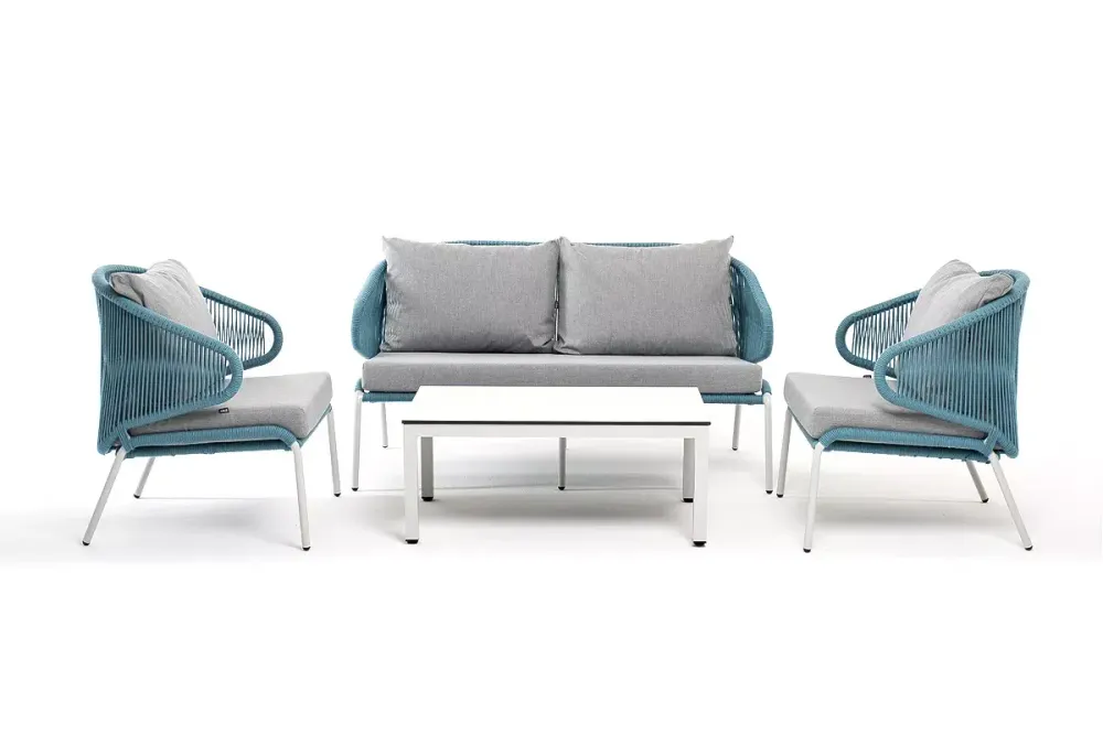 "Милан" лаунж-зона 4-местная плетеная из роупа (веревки), каркас алюминиевый светло-серый, роуп бирюзовый