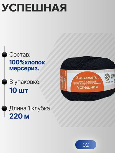Успешная пряжа Россия ПТ 100%хлопок мерсериз 10х50г/220м (002-Черный)