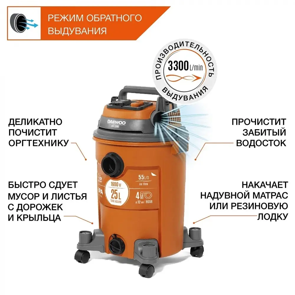 Пылесос строительный DAEWOO DAVC 2516S (1.6 кВт, 25 л)