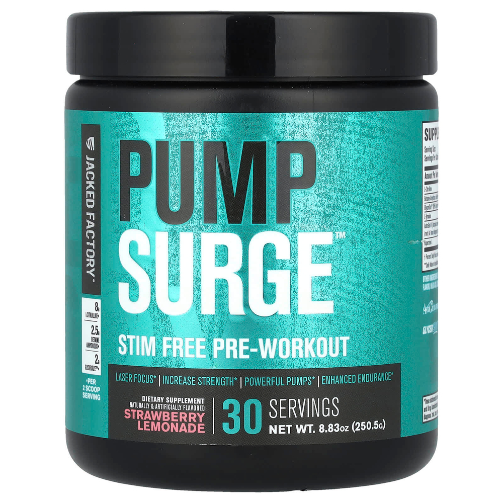 Jacked Factory, Pump Surge ™, без стимуляторов перед тренировкой, клубничный лимонад, 250,5 г (8,83 унции)