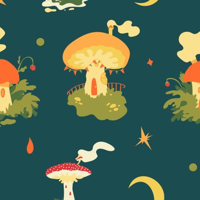 Волшебные грибы. Домики фей тёмно-бирюзовом фоне с луной и звёздами. Magic mushrooms