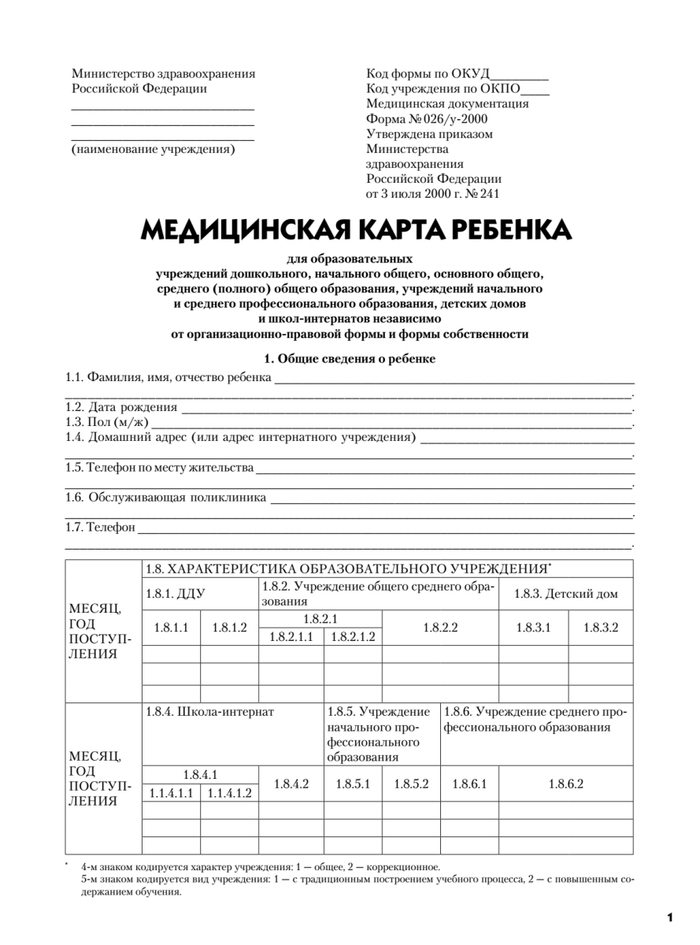 Медицинская карта ребенка для образовательных учреждений (форма №026/у)