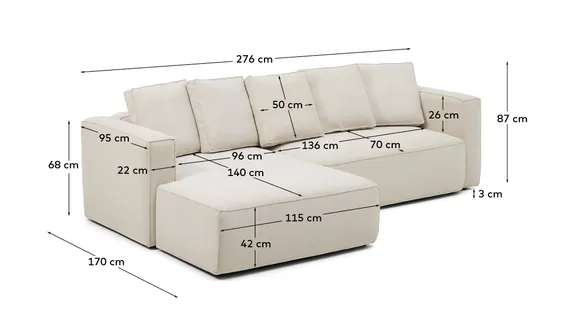 3-местный диван-кровать Marela бежевый шенилл с кушеткой слева, 276 см
