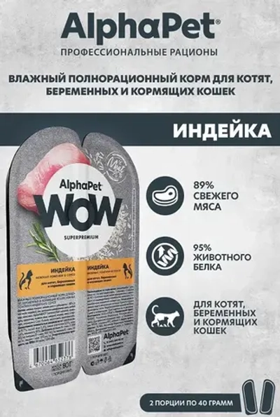 Влажный корм для кошек AlphaPet WOW (АльфаПет) 0,08кг индейка ломтики в соусе для беременных, кормящих кошек и котят. 15 штук