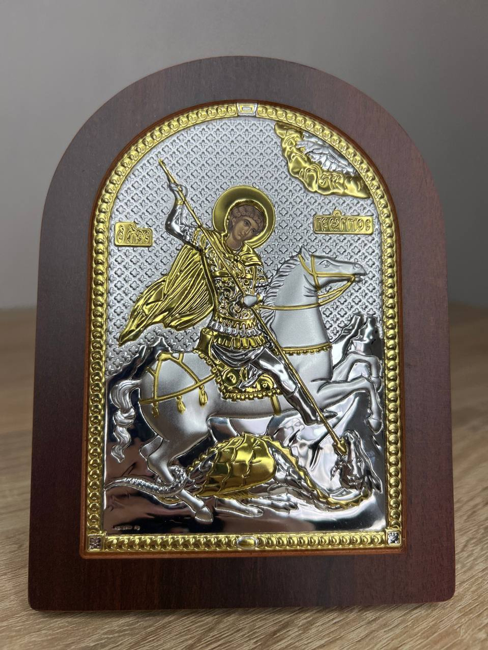 Георгий Победоносец, икона арочная, красное дерево 120х160