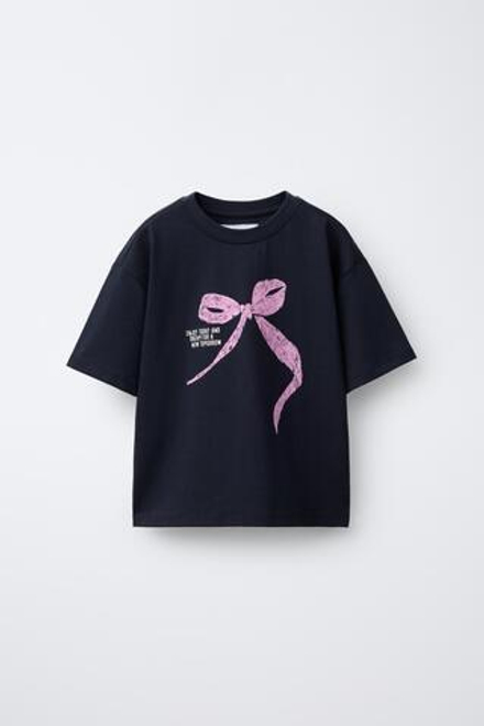 ZARA ФУТБОЛКА С ПРИНТОМ «БАНТ», ЧЕРНЫЙ