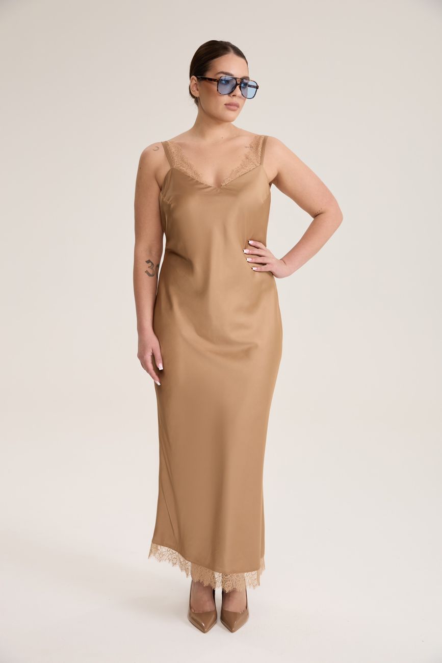 Платье-комбинация с кружевом, капучино