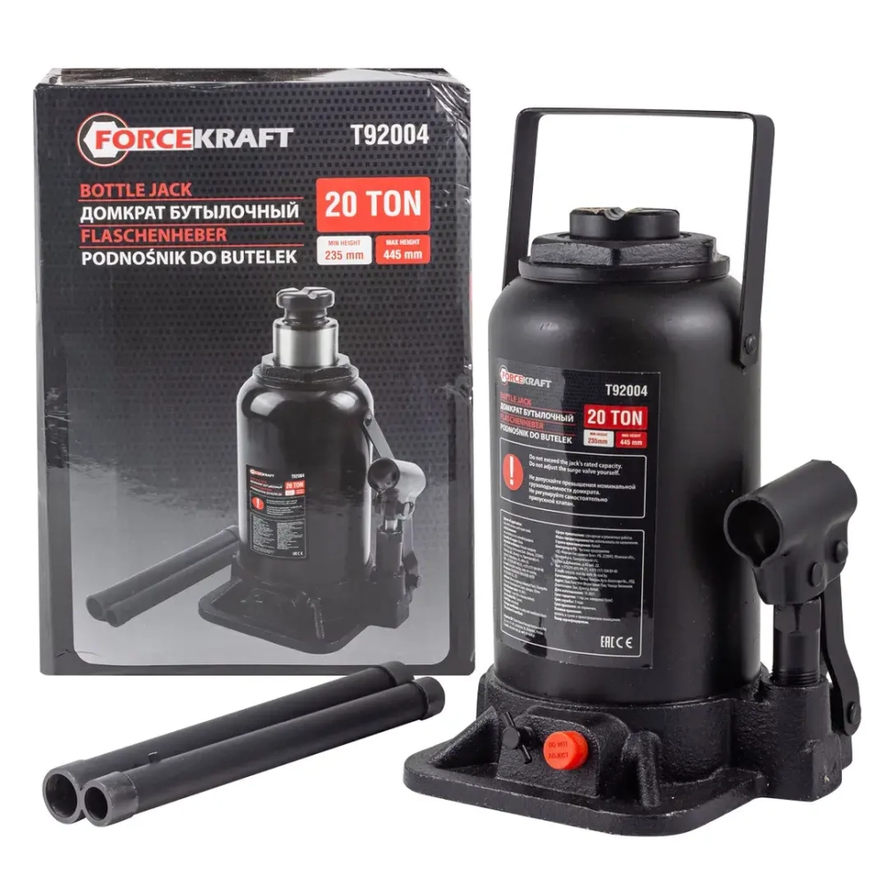 Домкрат бутылочный 20т с клапаном (h min-235мм, h max-445мм) FORCEKRAFT FK-T92004(DS)