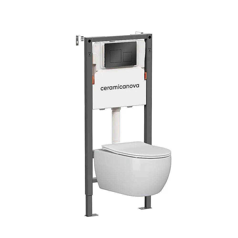Унитаз подвесной Ceramica Play CN3001 белый, безободковый, с инсталляцией Balance CN121002MB и кнопкой Square черный матовый