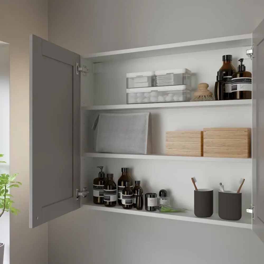 Настенный шкаф для ванной комнаты - ENHET IKEA/ ЭНХЕТ ИКЕА, 80х75х17 см, серый/белый