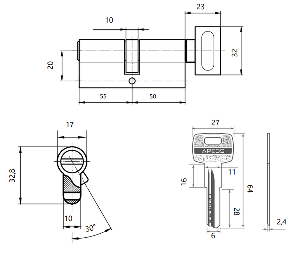 Цилиндровый механизм Apecs SM-105(50С/55)-С-NI