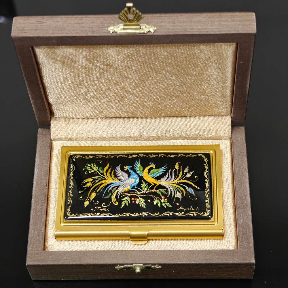 Визитница "Две Жар-птицы" (роспись Палех) желт.