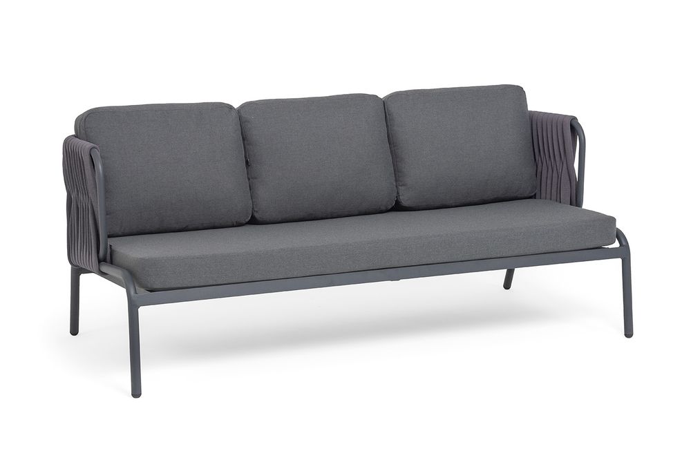 "Ронда" диван 3-местный плетеный из роупа, каркас алюминий темно-серый (RAL7024) муар, роуп серый 40 мм tex, ткань темно-серая 027