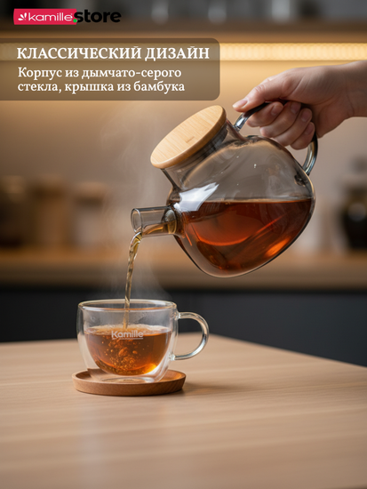 Стеклянный заварочный чайник 1000 мл. Kamille KM 9029 с бамбуковой крышкой