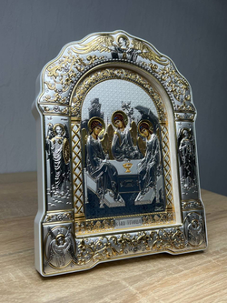 Св. Троица, икона арочная с рамкой под стеклом, белое дерево 167х228