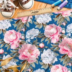 Ткань премиум сатин цветущие пионы на темно-голубом