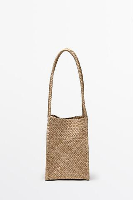Massimo Dutti Плетеная сумка-ведро из кожи наппа, натуральный
