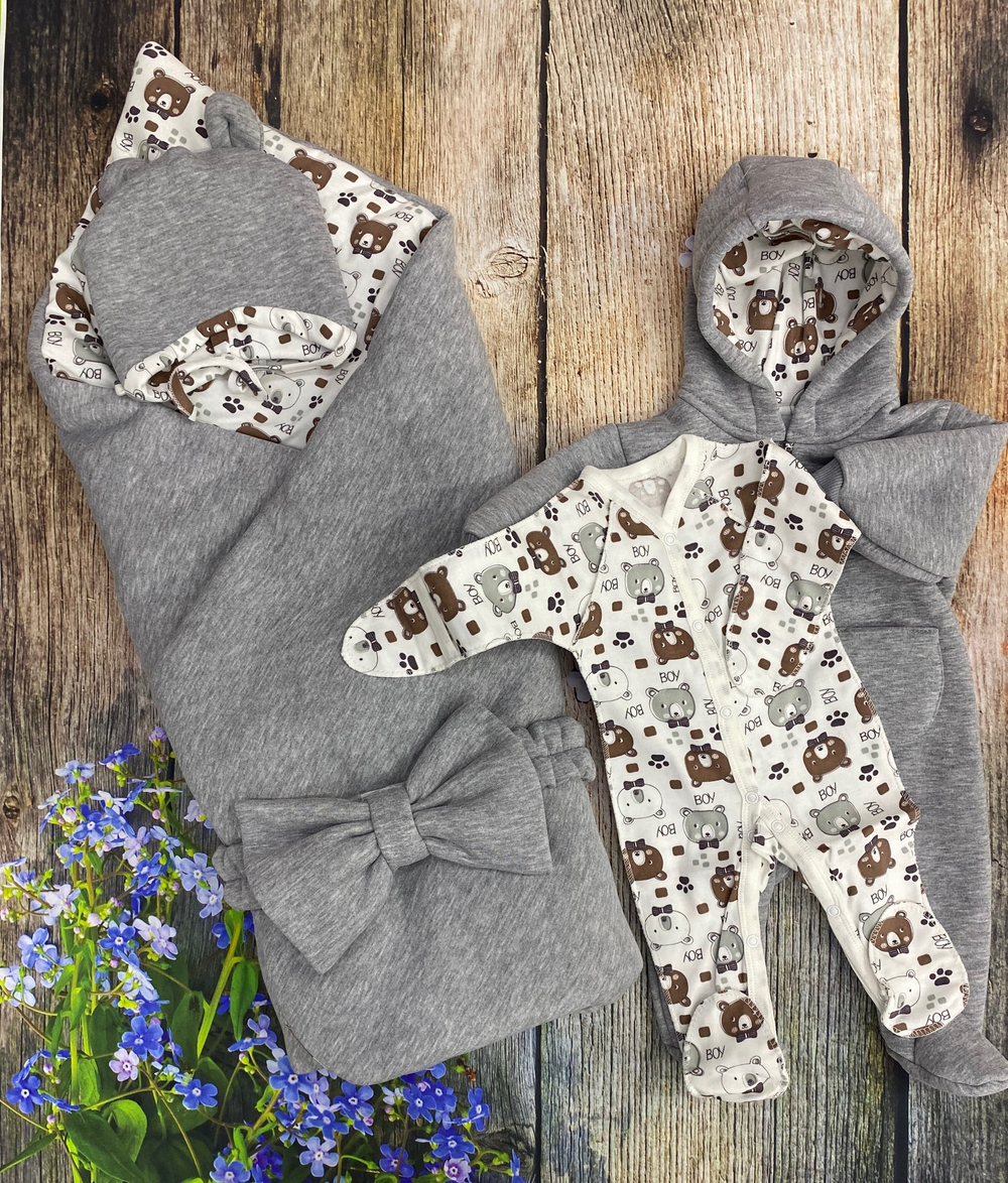 Комплект на выписку 5 предметов велюр "Сара" (Комбинезон, одеяло, бантик, шапочка, слип) (Цвет: Серый)