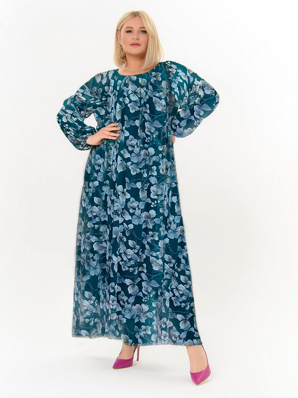 Шифоновое платье Бетти, цветы на изумрудном
