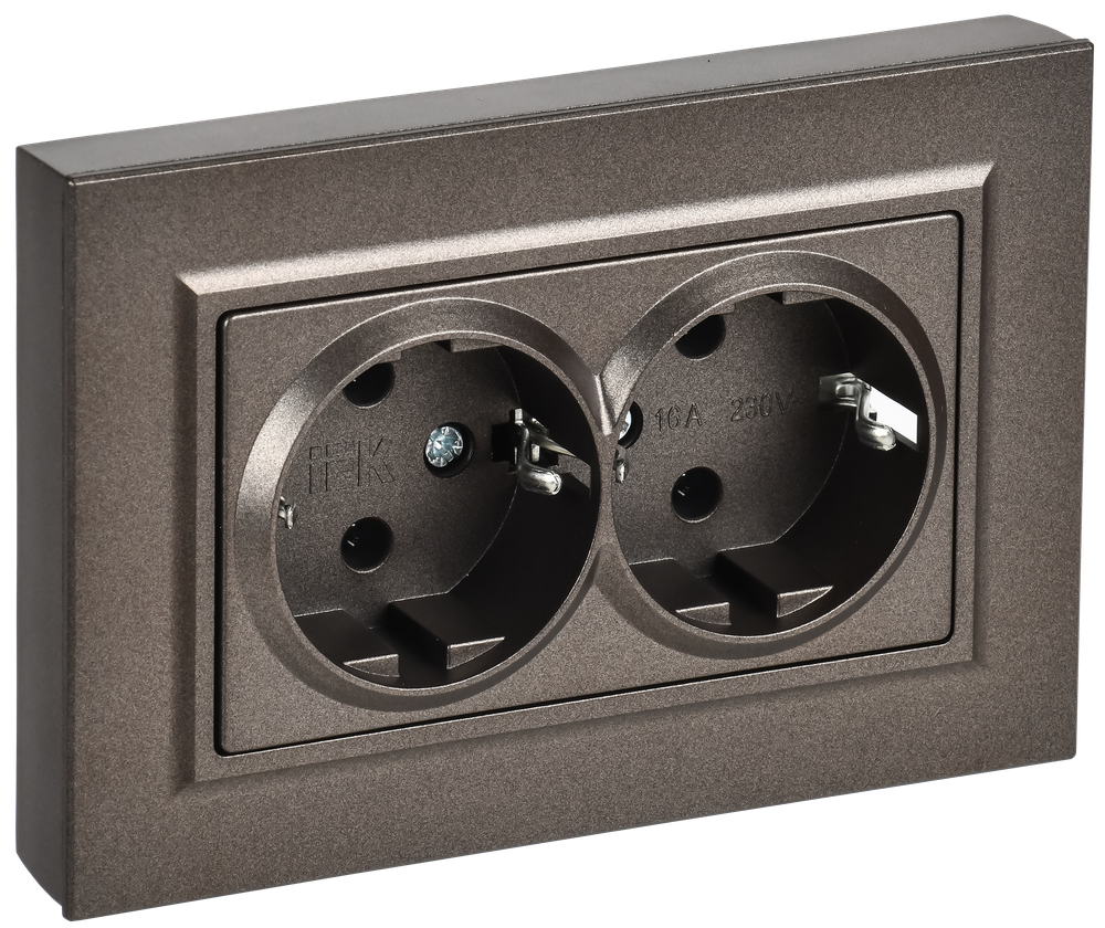 BRITE Розетка 2-местная с заземлением без защитных шторок плоская 16А в сборе РСПл12-3-БрТБ темная бронза IEK