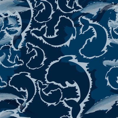 Дельфины в волнах грозового моря.