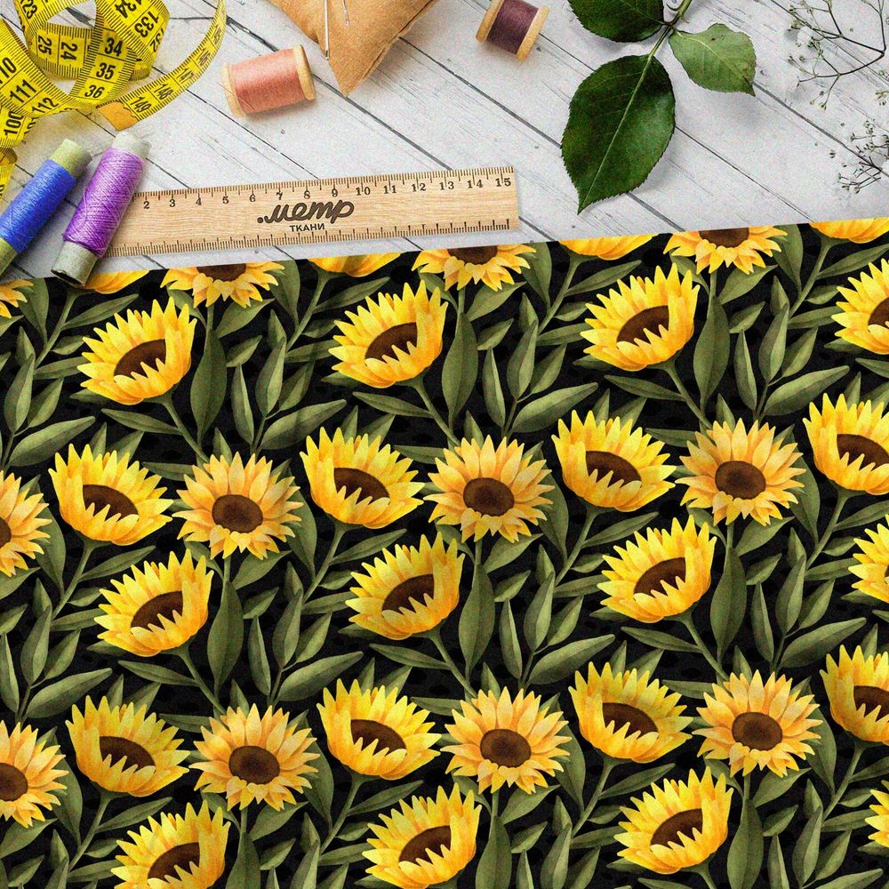 Ткань габардин яркие подсолнухи на чёрном фоне