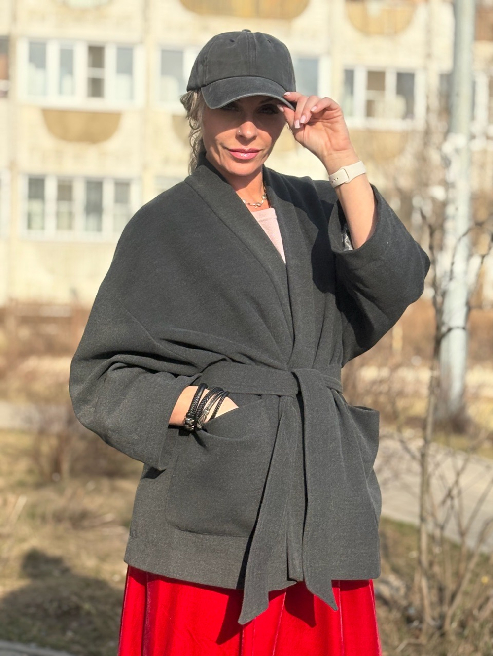 Кимоно - пальто на подкладке / серый